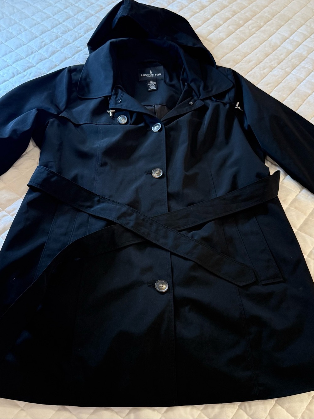 London Fog Black Single Breasted Hooded Trench Coat Belted Rain Jacket Size XL